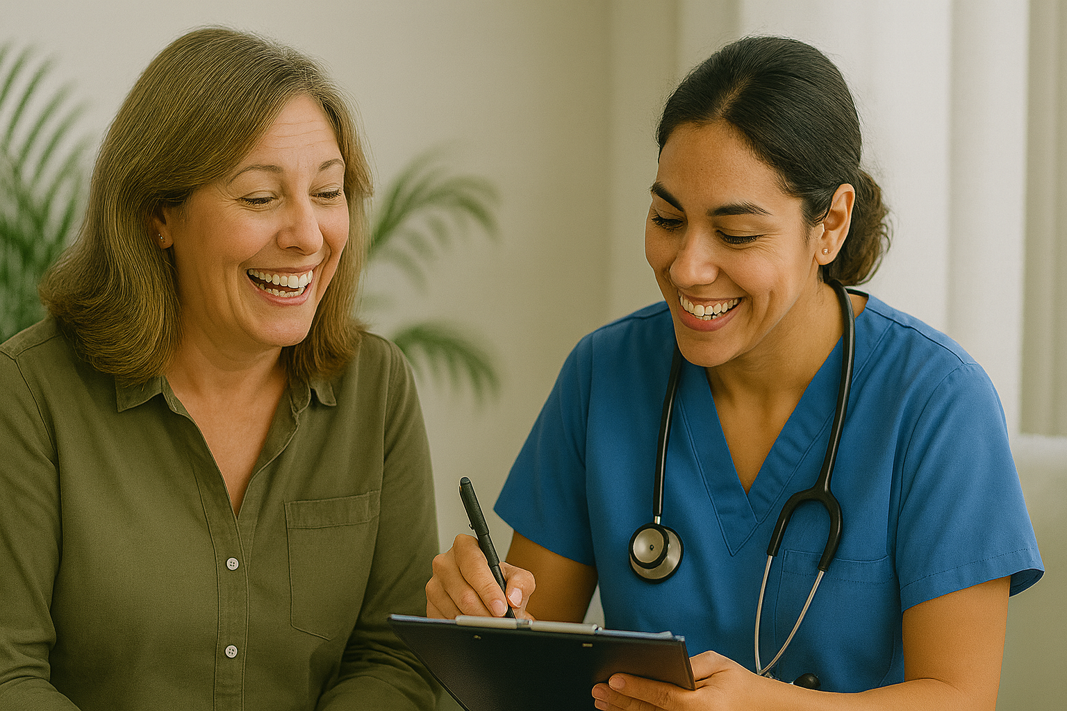 A smiling woman in her late 50s sits beside a Hispanic nurse in blue scrubs who is writing on a clipboard. Both women are looking down at the chart with warm expressions, seated in a softly lit room with a plant in the background.
